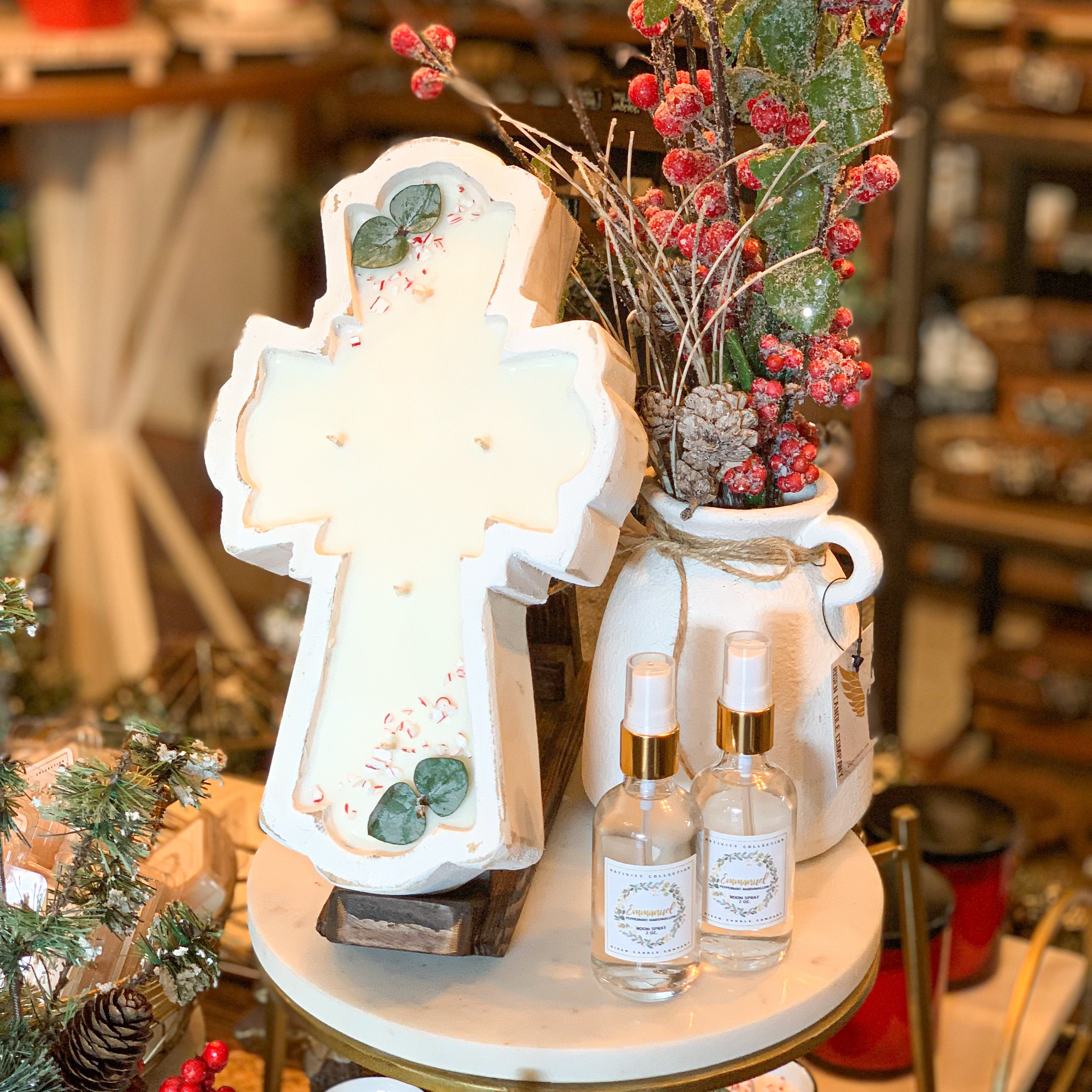 White Rustic Cross Candle